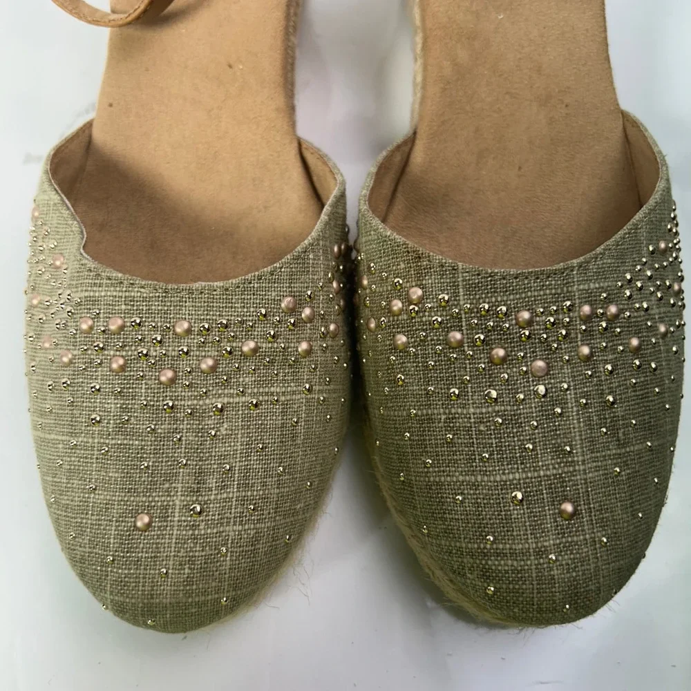 White Mountain Womens Sage Green Studded Espadrille Wedge Sandals W18507 8.5M